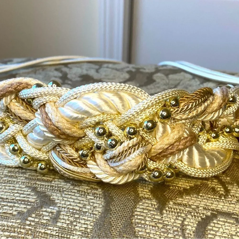 Vintage 80's rope braided belt L/XL Cream Tan Gold Size Large White Party